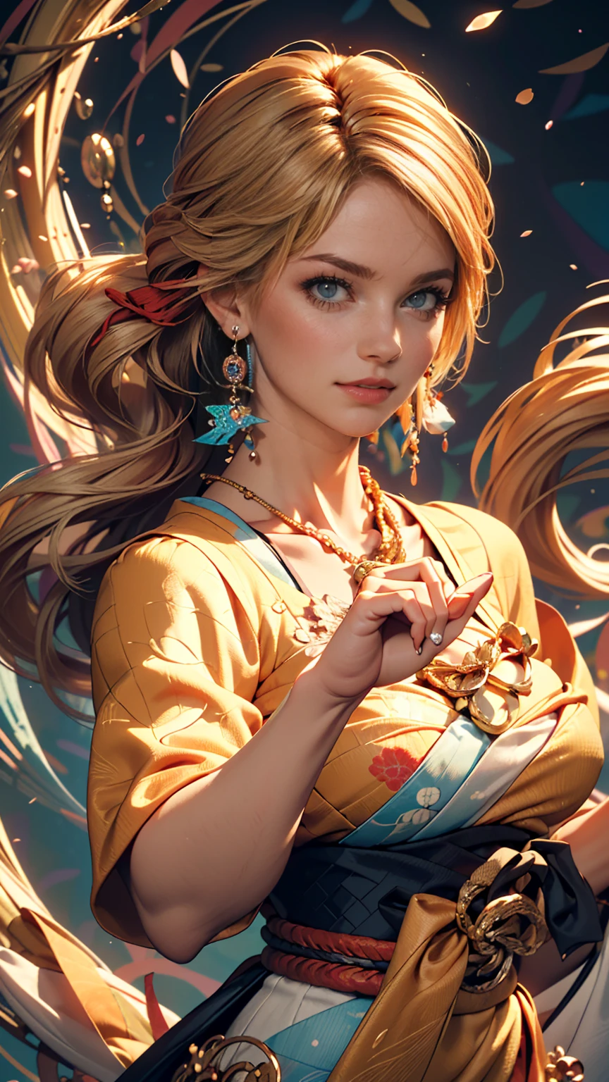 (masterpiece, highest quality, highest quality, Official Art, beautifully、aesthetic:1.2), (One girl:1.3), Very detailed,(Fractal Art:1.1),(colorful:1.1),Most detailed,(Tangled:1.2), (Dynamic pose), (Abstract background:1.5), (Japan Dresses:1.2), (Shiny skin), (Many colors:1.4), ,(Earrings:1.4),