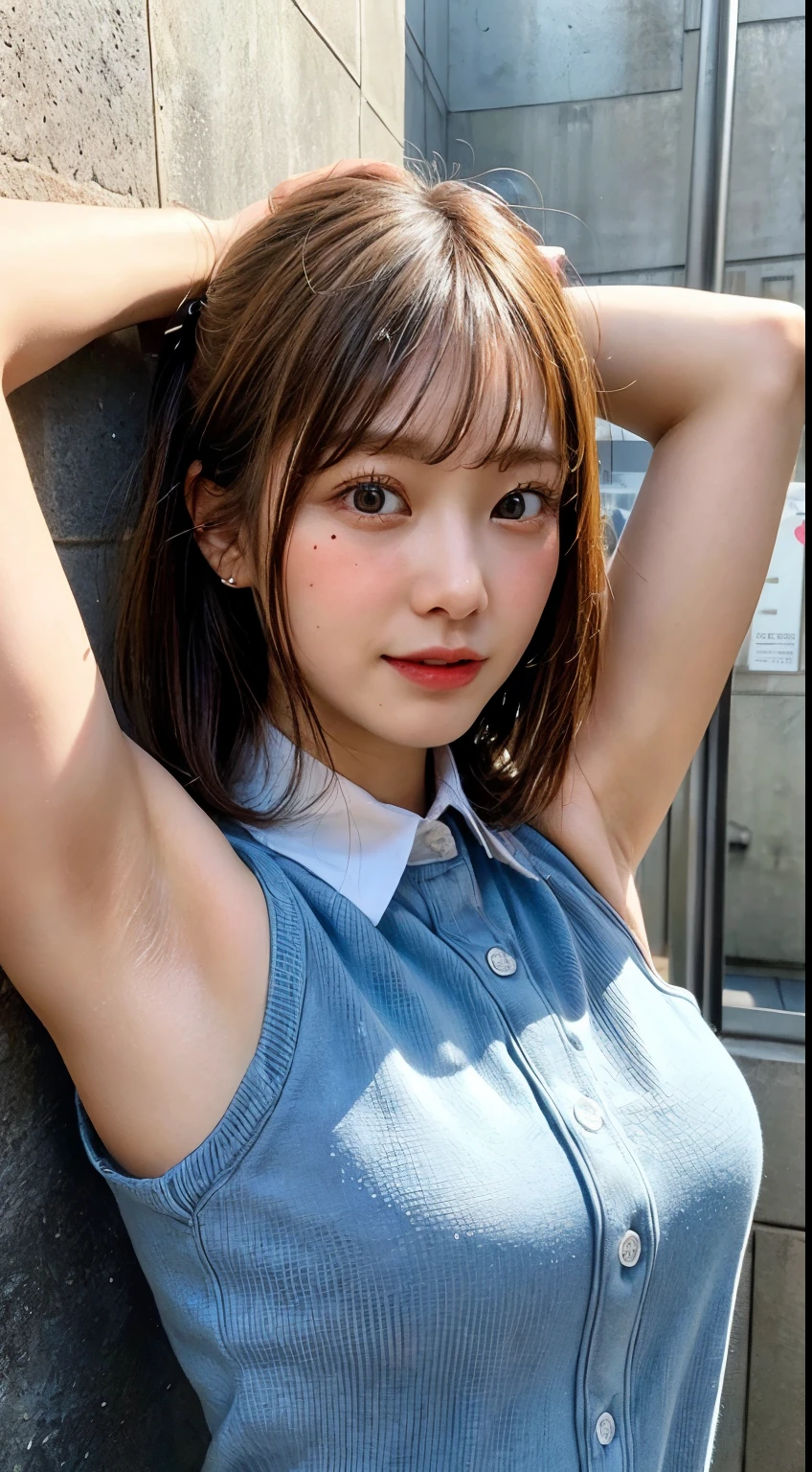 (Ultra HD、Ultra-high resolution、Photorealistic:1.3、8k、Japanese office lady、In front of the wall)、Focus on the armpits、Look Viewer、(Extremely realistic skin texture:1.4)、(Realistic:1.3)、short hair、((Embarrassed expression:1.3))、(Blonde:1.3)、40-year-old woman、Mature Woman、ponytail、(Lift your arms and show your armpits:1.3)、((Face close-up:1.49))、(Armpit sweat)、Leaning against the wall、((Shooting from the side:1.05))、White collared shirt