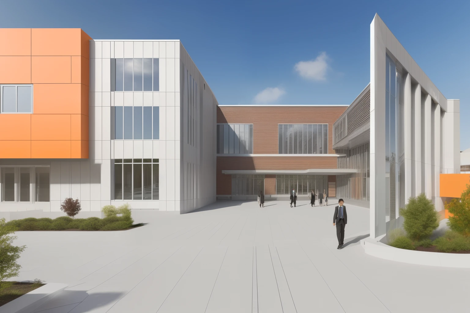 view of a building with windows, 3D final rendering, 3D final rendering, building cladding, 3D rendering, Architectural rendering, 3D rendering, D rendering, school building, modern school, modern, school entrance, entrance with panoramic glazing, modern materials, modern building design, architectural presentation, school exterior, exterior, school building, school exterior design, exterior school visualization, building facade, modern school facade, Different textures on the building wall, combination of colored facade