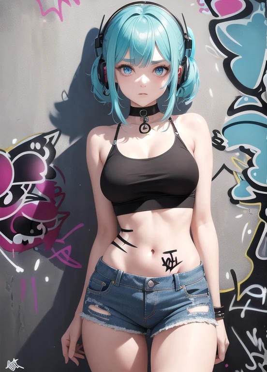 Meisterwerk, best quality, 1 girl, Allein, bauchfreies Top, Jeans-Shorts, Halsband, (Graffiti:1.5), Farbspritzer, Arms behind the back, gegen die Wand, Betrachter betrachten, armband, Oberschenkelgurt, Color on the body, Kopfneigung, gelangweilt, mehrfarbige Haare, Aqua Augen, Headset,