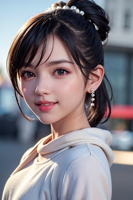 (RAW Photo, Best Quality), (Realistic, Photo Realistic: 1.3), Best Quality, Highly Detailed,8k RAW photo, highest quality, masterpiece, ultra high resolution, 3D, realistic,、masterpiece, highest quality, 1 girl, 、gaze towards the viewer、((portrait))、profile, ponytail, up hair, short hair、 pink lips, nose slightly pointed upwards, long eyelashes, realistic skin texture, attractive face, blurry, gray color background, Pearl white logo sweatshirt outfit, Short black hair, Small pearl earrings, Fashion Model, smile, Front face, looking at the camera