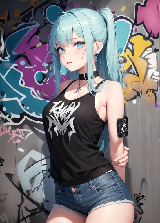 Meisterwerk, best quality, 1 girl, Allein, bauchfreies Top, Jeans-Shorts, Halsband, (Graffiti:1.5), Farbspritzer, Arms behind the back, gegen die Wand, Betrachter betrachten, armband, Oberschenkelgurt, Color on the body, Kopfneigung, gelangweilt, mehrfarbige Haare, Aqua Augen, Headset,