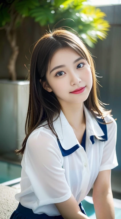 (((32k,high detal,high-detail、masterpiece,Attention to detail,full body Esbian,,solo))),Raw photo & realistic atmosphere,beautiful dark blue eyes,Detailed mouth,Glossy lips,Detailed eyebrows,Eyes drawn in detail with soft white skin that shines in every detail、Very beautiful eyes with azure eyes,Detailed lips、Very beautiful face,Very well-formed face、Lifelike face,shiny beautiful lips,Beautiful eyebrows,Infinite reality,Japan High Best Design, Realistic Young Gravure Idol,Very cute high school girl, , japanese girl , Japanese high school girl , Young Sensual Gravure Idol, Young Gravure Idol, Beautiful and cute17 year old ,the whole body is wet,dripped out,with a flushed face,Tremendously beautiful17-year-old girl,natural soft light、The body is dripping wet,Sheer clothing,Brown shiny hair,Hair is wet,Dripping water,dripping,(I'm not wearing a skirt,bare-legged,,Wet and see-through white short sleeve shirt,summer clothing,Beautiful kind eyes,Looking at the camera:1.2),(((Soft body,,Slightly chubby,youthfulness,swimming pools,Sit up,Beautiful smooth legs,Exposed thighs,Gentle smile,well-shaped breasts,,Immature body,Sexy Uniforms,short-cut,The chest is open))),(Shots from the air,From directly above,Supine:1.5)
