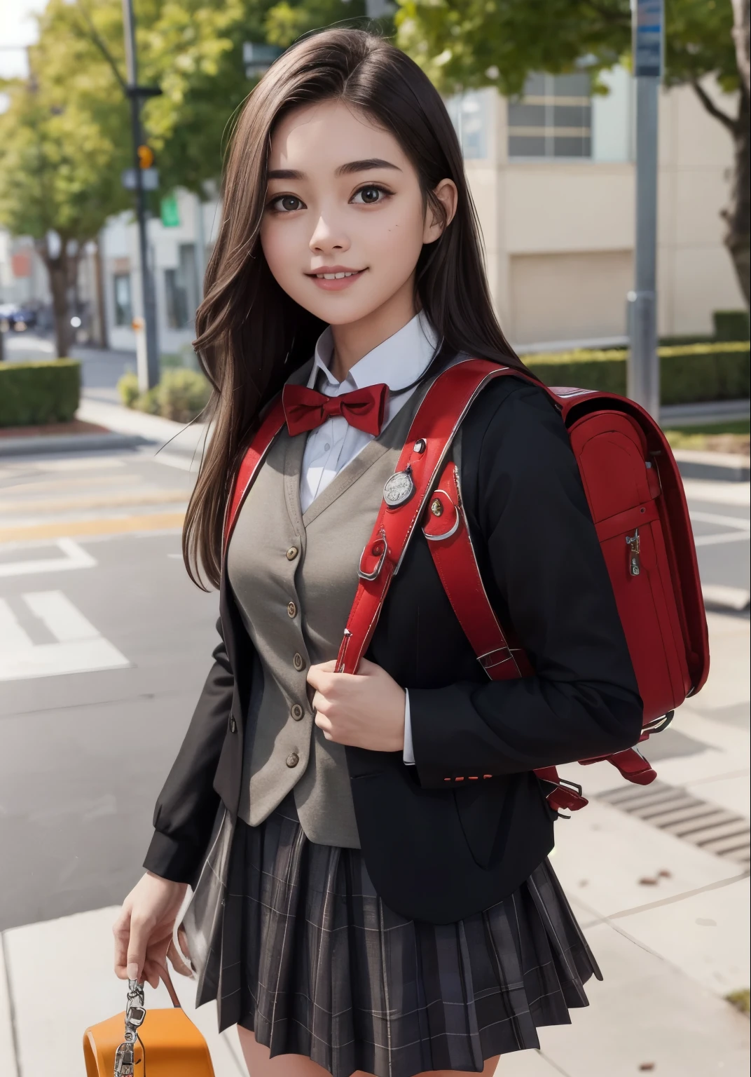 (masterpiece, best quality:1.0), highly detailed,  detail,  1girl , highschool student, long hair, brown hair, UNiform, red bowtie, collared shirt, sweater vest, blazer, black blazer, opened jacket, long sleeves, plaid skirt, brown skirt, outdoor,  smile,  standing, cowboy shot, wearing randoseru backpack, (randoseru backpack:1.2), red backpack 