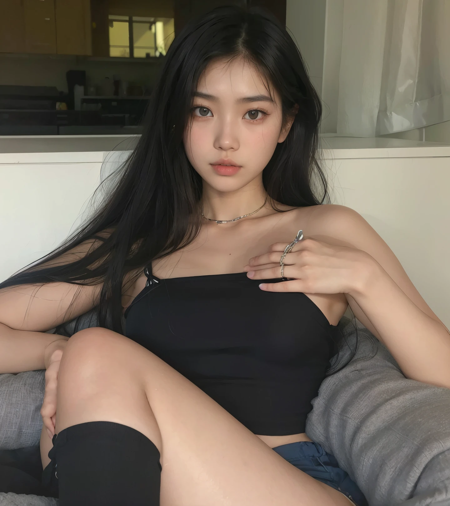 arafed asian woman with a white shirt and blue shorts, lalisa manobal, 18 years old, young cute wan asian face, with bangs, gemma chan beautiful girl, 1 8 yo, gorgeous chinese model, gorgeous young korean woman, beautiful asian girl, ayami koj ima, instagram model, neat hair with bangs, young asian girl