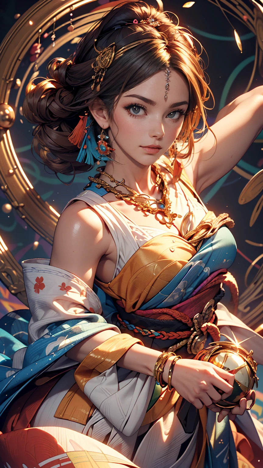 (masterpiece, highest quality, highest quality, Official Art, beautifully、aesthetic:1.2), (One girl:1.3), Very detailed,(Fractal Art:1.1),(colorful:1.1),Most detailed,(Tangled:1.2), (Dynamic pose), (Abstract background:1.5), (Japan Dresses:1.2), (Shiny skin), (Many colors:1.4), ,(Earrings:1.4),