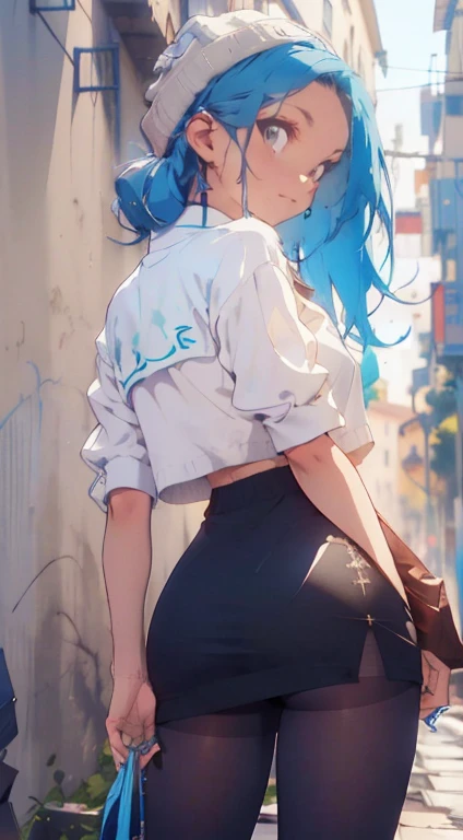 (melhor qualidade, obra de arte), 1 garota, capuz, Cabelo comprido azul claro, Rua, agachado, olhando para o espectador, gorro, saia, inventar, piercing, pantyhose,