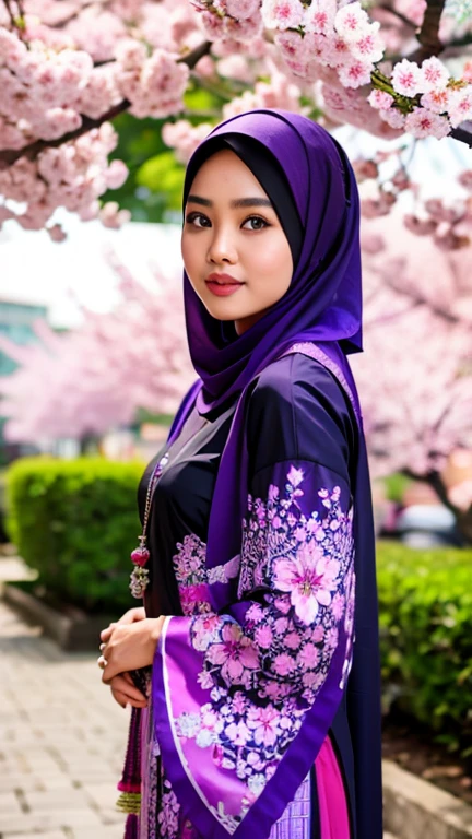 a gorgeous indonesian hijab girl in a misty mountains, lotus pond, cherry blossoms,  a fuchsia colour scarf, ((and a black gamis dress with abstract printed of pink and purple flowers)), chubby, necklace, bracelet, dynamic pose, detailed detail, real skin texture, best quality, ultra sharp, 