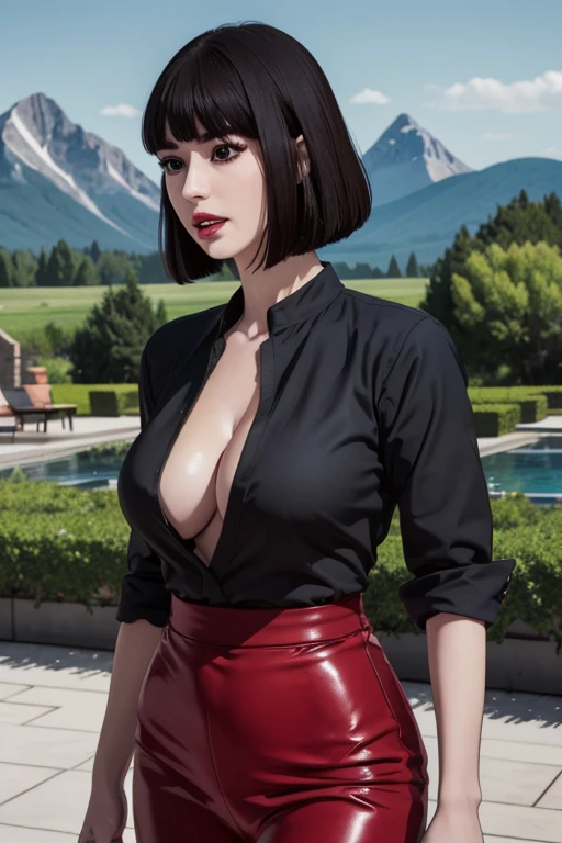 Manhwa aesthetic, Looking at the audience, Light brown eyes:1.4, goth girl, Brunette long Bob Hair with highly detailed shiny hair, bright red clothes:1.4, Lepangas:1.4), illuminated skin (realistic texture), realistic shading, bright red eyes、eyelash、{Huge|big chest|Huge|Mega} whole :2, Chest cleavage:2、(((Add highlights to the eyes:1.4、charming look 、Short Bob Hair、Glowing Skin:1.4、Looking at the audience、She is very beautiful and cute、Show me your ears、Beautiful long neck、Bangs and beautiful teeth)))、dark gothic shirt, latex black skirt, black torn pantyhose, red sneakers, Ideal body type、(mountains Background:2、Very garden background:2))、Beautiful long neck:1.4、(({Huge|big|Huge|Mega} chest, Chest cleavage:2、perfect Bodyは服を着ていない:1.6)),Perfect Anatomy, blade to side, strike pose, blade down, blade right hand, blurred background (masterpiece), best quality, high quality, highres, ultra-detailed), different poses at different angles.