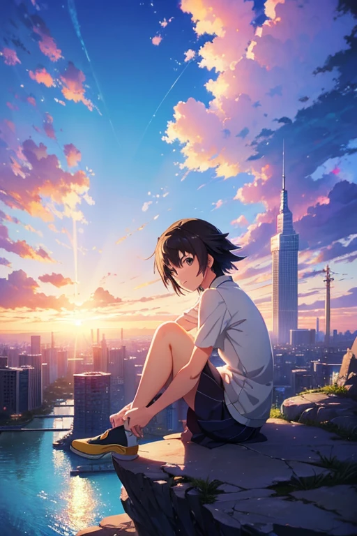 Anime girl sitting on a rock looking at the sky,A tower piercing the sky in the distance, makoto shinkai cyril rolando, anime art wallpaper 4k, anime art wallpaper 4k, Cyril Rolland and Goro Fujita, anime art wallpaper 8k, 4k anime wallpaper, anime wallpaper 4k, anime wallpaper 4k, ( ( makoto shinkai ) ), makoto shinkai!