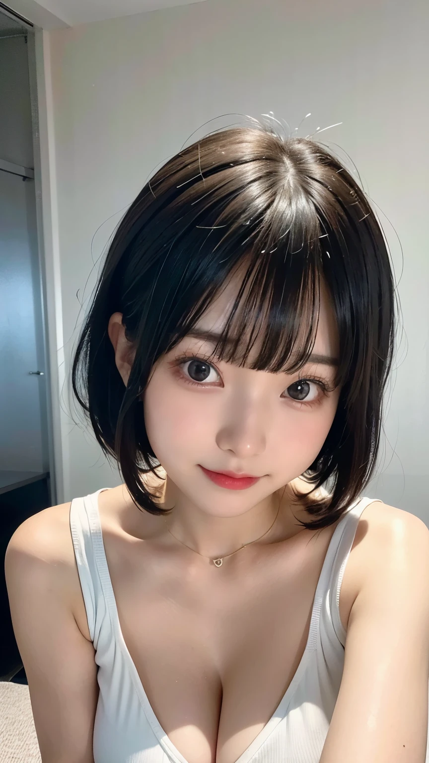 highest quality, Ultra-high resolution, (reality: 1.4)、One girl、Japan、so beautiful, Beautiful Skin、(Ultra-realistic)、Cleavage、No sleeve, short hair, Black Hair, 46 point diagonal bangs, White room, Clean atmosphere,