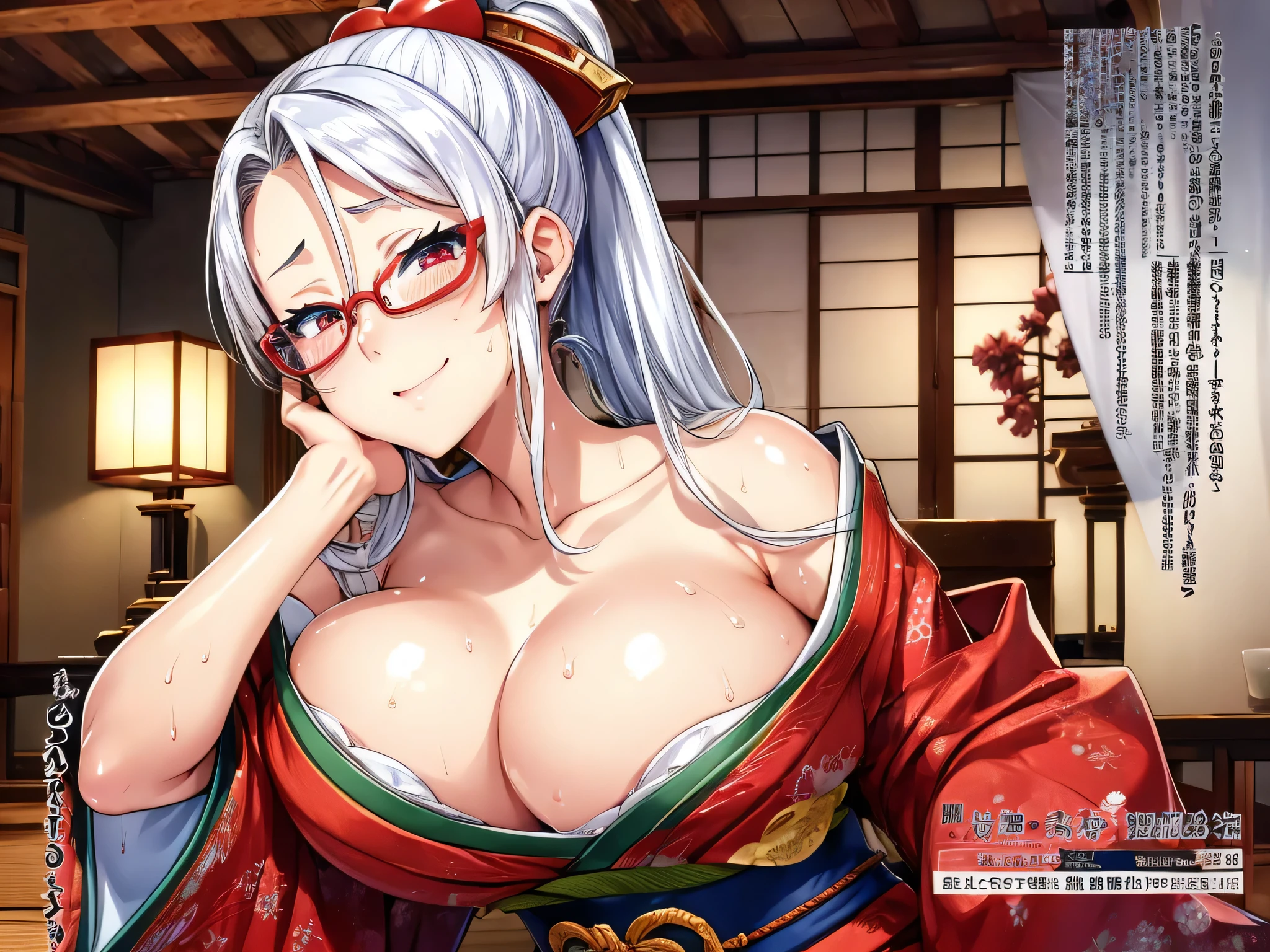 masterpiece、highest quality、1girl , huge breasts、deep cleavage、light silver hair、ponytail、brightly colored eyes、red eyes、glasses、japanese green kimono、charm、Wet、face turns red, very sweaty, dynamic pose、mesugaki、room