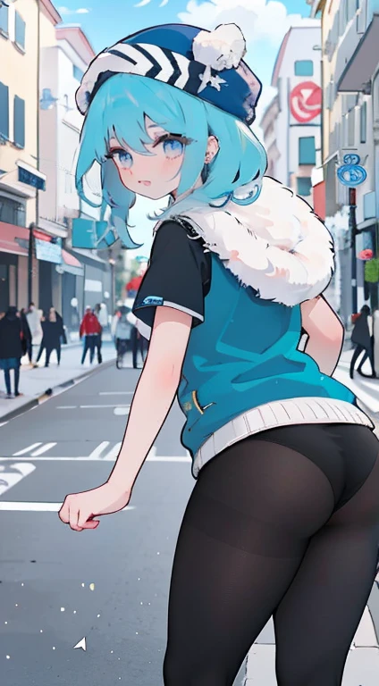 (melhor qualidade, obra de arte), 1 garota, capuz, Cabelo comprido azul claro, Rua, agachado, olhando para o espectador, gorro, saia, inventar, piercing, pantyhose,