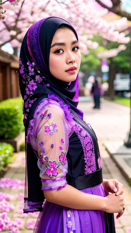 an Indonesian goddess in a purple hijab and a black muslim gamis with abstract pattern of pink and purple flowers, cherry blossom,  detailed detail, ultra sharp image,