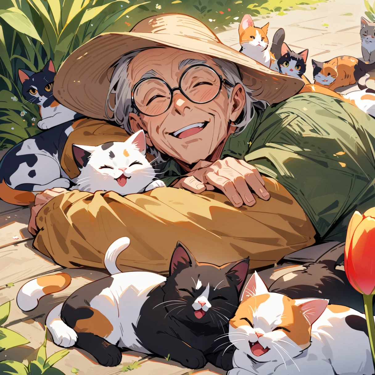 (highest quality,Very detailed,High resolution,masterpiece:1.2),Elderly man sleeping next to a cat,Elderly man wearing a tulip hat, Wearing black tabby glasses, The man is very happy and excited,Playful cats relaxing on the ground,Beautiful white cat,Mischievous black cat,Cute calico cat,Adorable tabby cat,Hall々Calico cat,Man disturbing cat&#39;s nap,A man playfully poking and prodding a cat&#39;s body,Man laughing while petting a cat,The man was filled with joy,A face beaming with joy,Drooling with anticipation,A vivid scene of a man interacting with many cats