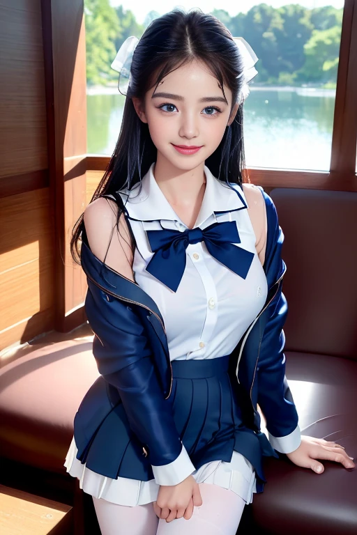 best qualtiy,tmasterpiece,hight resolution,1girll,dingdall effect,realisticlying,edge lit,two tone lighting,(highdetailskin:1.2),8K UHD,pure,Dolce,flowers background,Colorful background,Based on physical rendering,Perfect Light and Shadow,extreme hight detail,Pink tones,eye reflections,Raised sexy,perfect bodies,Superb Beauty,largeeyes,long eyelasher,Delicate eyes,(blue eyess)、big shiny eyes,Small pupil reflex,Shoulder and neck details,The texture of the pupil is delicate,Perfect eyes,black pupils,best qualtiy,tmasterpiece,16 K,a picture,head portrait,Bigchest,Medium size breasts,Delicate avatars,((Little girl standing in the waiting room by the lake)),((female students、Uniforms),((Wet Navy Blue Jacket、Front opening、emblem on breasts))、)(Wet translucent white blouse)、(red bowtie,)(White flared skirt),(Black pantyhose),(Black loafers)、(a smile)、((she is soaking wet)),