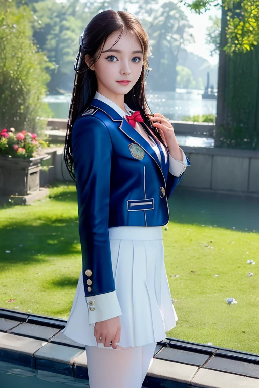 best qualtiy,tmasterpiece,hight resolution,1girll,dingdall effect,realisticlying,edge lit,two tone lighting,(highdetailskin:1.2),8K UHD,pure,Dolce,flowers background,Colorful background,Based on physical rendering,Perfect Light and Shadow,extreme hight detail,Pink tones,eye reflections,Raised sexy,perfect bodies,Superb Beauty,largeeyes,long eyelasher,Delicate eyes,(blue eyess)、big shiny eyes,Small pupil reflex,Shoulder and neck details,The texture of the pupil is delicate,Perfect eyes,black pupils,best qualtiy,tmasterpiece,16 K,a picture,head portrait,Bigchest,Medium size breasts,Delicate avatars,((Little girl standing in the waiting room by the lake)),((female students、Uniforms),((Wet Navy Blue Jacket、Front opening、emblem on breasts))、)(Wet translucent white blouse)、(red bowtie,)(White flared skirt),(Black pantyhose),(Black loafers)、(a smile)、((she is soaking wet)),