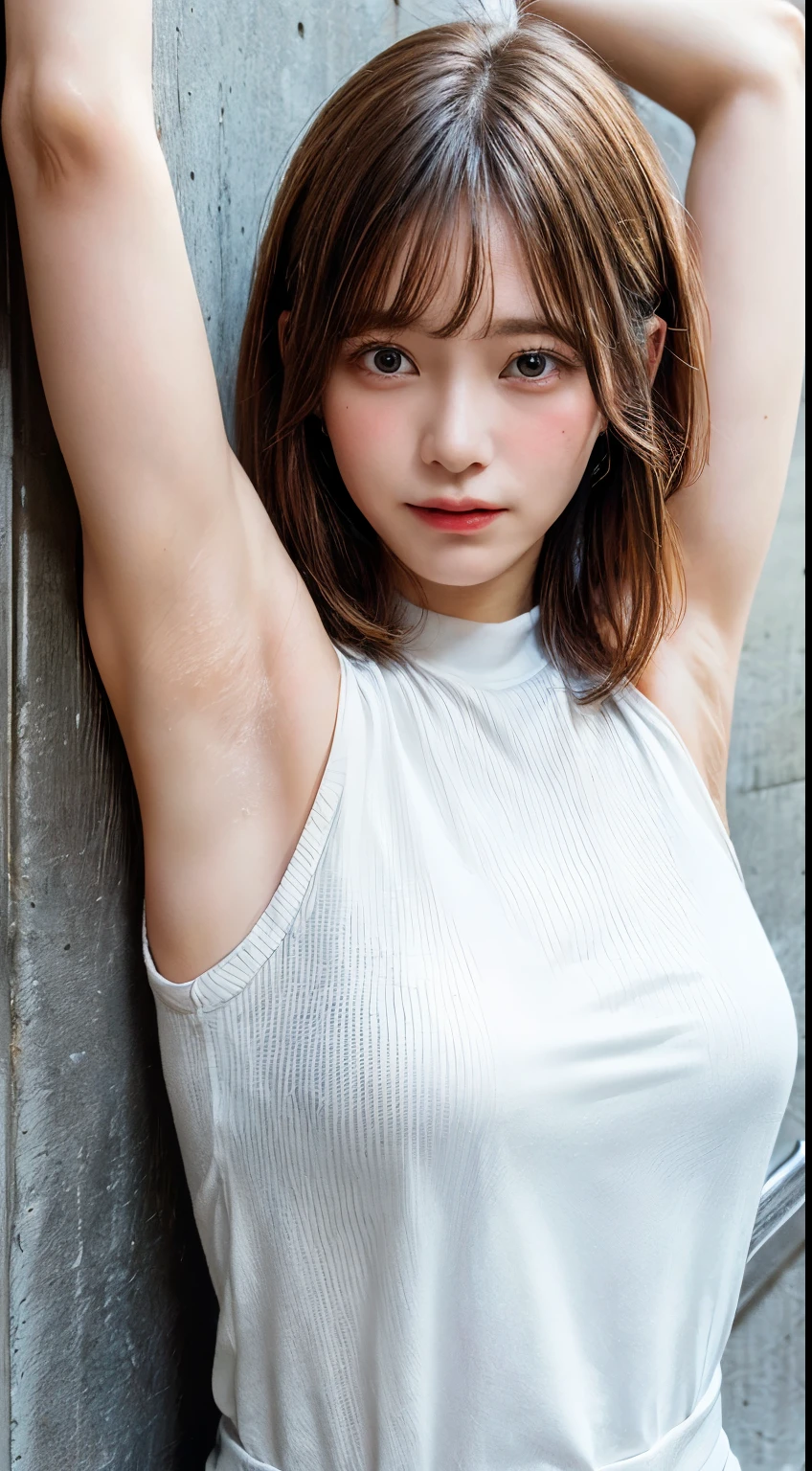 (Ultra HD、Ultra-high resolution、Photorealistic:1.3、8k、Japanese office lady、In front of the wall)、Focus on the armpits、Look Viewer、(Extremely realistic skin texture:1.4)、(Realistic:1.3)、short hair、((Embarrassed expression:1.3))、(Blonde:1.3)、40-year-old woman、Mature Woman、ponytail、(Lift your arms and show your armpits:1.3)、((Armpit close-up:1.49))、(Armpit sweat)、Leaning against the wall、((Shooting from the side:1.05))、White collared shirt