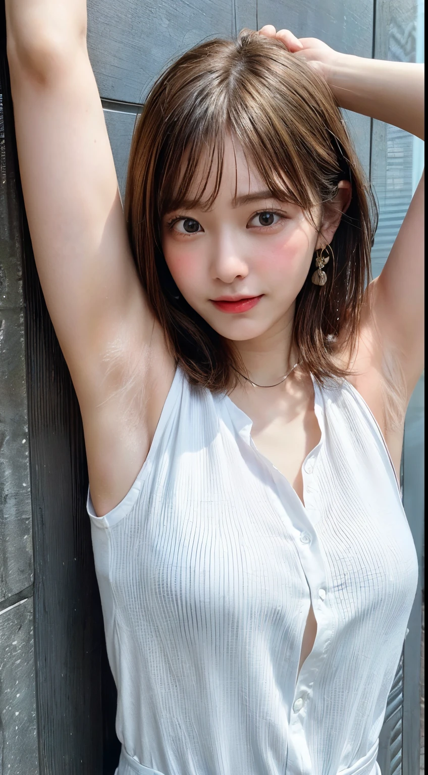 (Ultra HD、Ultra-high resolution、Photorealistic:1.3、8k、Japanese office lady、In front of the wall)、Focus on the armpits、Look Viewer、(Extremely realistic skin texture:1.4)、(Realistic:1.3)、short hair、((Embarrassed expression:1.3))、(Blonde:1.3)、40-year-old woman、Mature Woman、ponytail、(Lift your arms and show your armpits:1.3)、((Armpit close-up:1.49))、(Armpit sweat)、Leaning against the wall、((Shooting from the side:1.05))、White collared shirt