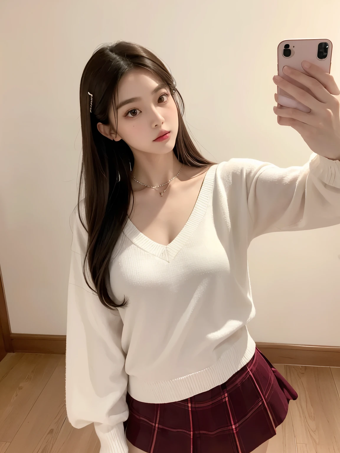 Kim Jennie with white brown hair, con rulos en las puntas, all her hair white brown, with a star clip in her white brown hair, ojos de color claro, ojos bonitos, ojos llorosos, nariz bonita y respingada, nariz lloroso, labios bonitos, labios rosas, heart and cupid shaped lip, piel bonita, pale, piel blanca, con lunares y pecas en todo el rostro, rubor rosa suave en las mejilla, rubor rosa natural, maquillaje suave y rosa, jennie, cuello bonito, cuello marcado, frown, mirada tierna, con un collar de beso, un collar bonito de beso, parecido a Yumeko Jabami, mientras lleva puesto un Crochet YK2, de lana, with a YK2 style brown mini skirt, mientras lleva una casaca con estampados de ositos, mientras tiene el abdomen desnudo, delgado, marcado y bonito, (pechos grandes, pechos suaves, pechos bonitos), mientras esta haciendo cospaly del personaje Yumeko Jabami, del anime Kakegurui, mirando a la camara, autofoto, selfie bonita