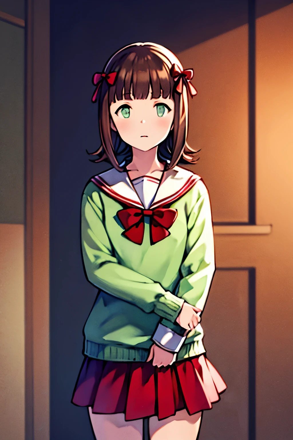 Masterpiece, haruka amami, brown hair, (green eyes:1.5), short hair, (hair bow:1.5), hair ribbon, bangs, blunt bangs,
bag, bow, , serafuku, skirt, sweater, long sleeves, red bow, blue skirt,