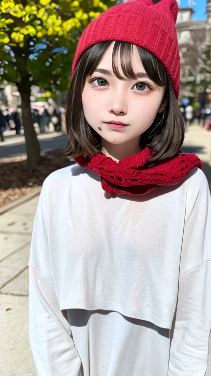 Tabletop:1.2, high quality, 最high quality, High resolution, Surreal, With a girl, Short Bob,Dirty hair, Light grey eyes,Infinitely clear eyes,16 years old,High neck inner,Red knitted hat,scarf,Long skirt,Are standing,Tilt your head, Outdoor,Spring Park:1.5,Blurred Background, Portraiture,Natural look, (Detailed face), ((Sharp focus)), ((face)), Upper body_body,Spring comfort、Spring Park、Spring Sky、The world begins to sprout