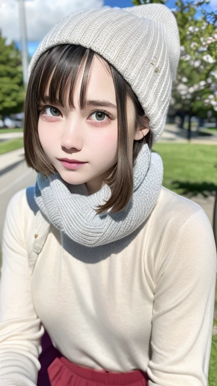 Tabletop:1.2, high quality, 最high quality, High resolution, Surreal, With a girl, Short Bob，Dirty hair, Light grey eyes,Infinitely clear eyes，16 years old，High neck inner，Red knitted hat，scarf，Long skirt，Are standing，Tilt your head, Outdoor，Spring Park:1.5，Blurred Background, Portraiture,Natural look, (Detailed face), ((Sharp focus)), ((face)), Upper body_body，Spring comfort、Spring Park、Spring Sky、The world begins to sprout