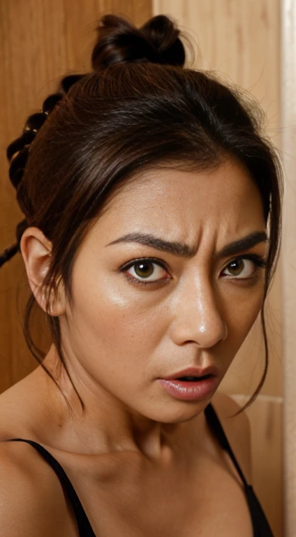 Beautiful Japanese actresses,realism, Surrealism, Depth of written boundary, 超High resolution, retina, Anatomically correct, Textured skin, High resolution, highest quality, Super Detail, 8k, I opened my mouth and my eyes,Age 35、Black-haired、Very small toilet,,Hair tied up,Medium Shot,Moaning, Saliva trace, Roll your eyes, ((Frowning, Crazy Eyes,))