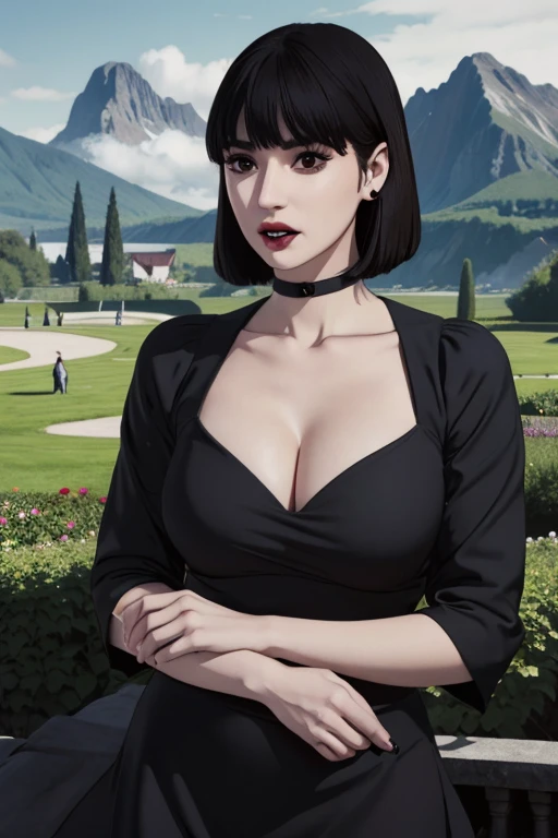 Manhwa aesthetic, Looking at the audience, Light brown eyes:1.4, goth girl, Brunette long Bob Hair with highly detailed shiny hair, bright red clothes:1.4, Lepangas:1.4), illuminated skin (realistic texture), realistic shading, bright red eyes、eyelash、{Huge|big chest|Huge|Mega} whole :2, Chest cleavage:2、(((Add highlights to the eyes:1.4、charming look 、Short Bob Hair、Glowing Skin:1.4、Looking at the audience、She is very beautiful and cute、Show me your ears、Beautiful long neck、Bangs and beautiful teeth)))、dark gothic shirt, latex black skirt, black torn pantyhose, red sneakers, Ideal body type, (mountains Background:2、gothic garden background:2))、Beautiful long neck:1.4、(({Huge|big|Huge|Mega} chest, Chest cleavage:2、perfect Bodyは服を着ていない:1.6)),Perfect Anatomy, blade to side, strike pose, blade down, blade right hand, blurred background (masterpiece), best quality, high quality, highres, ultra-detailed), different poses at different angles.