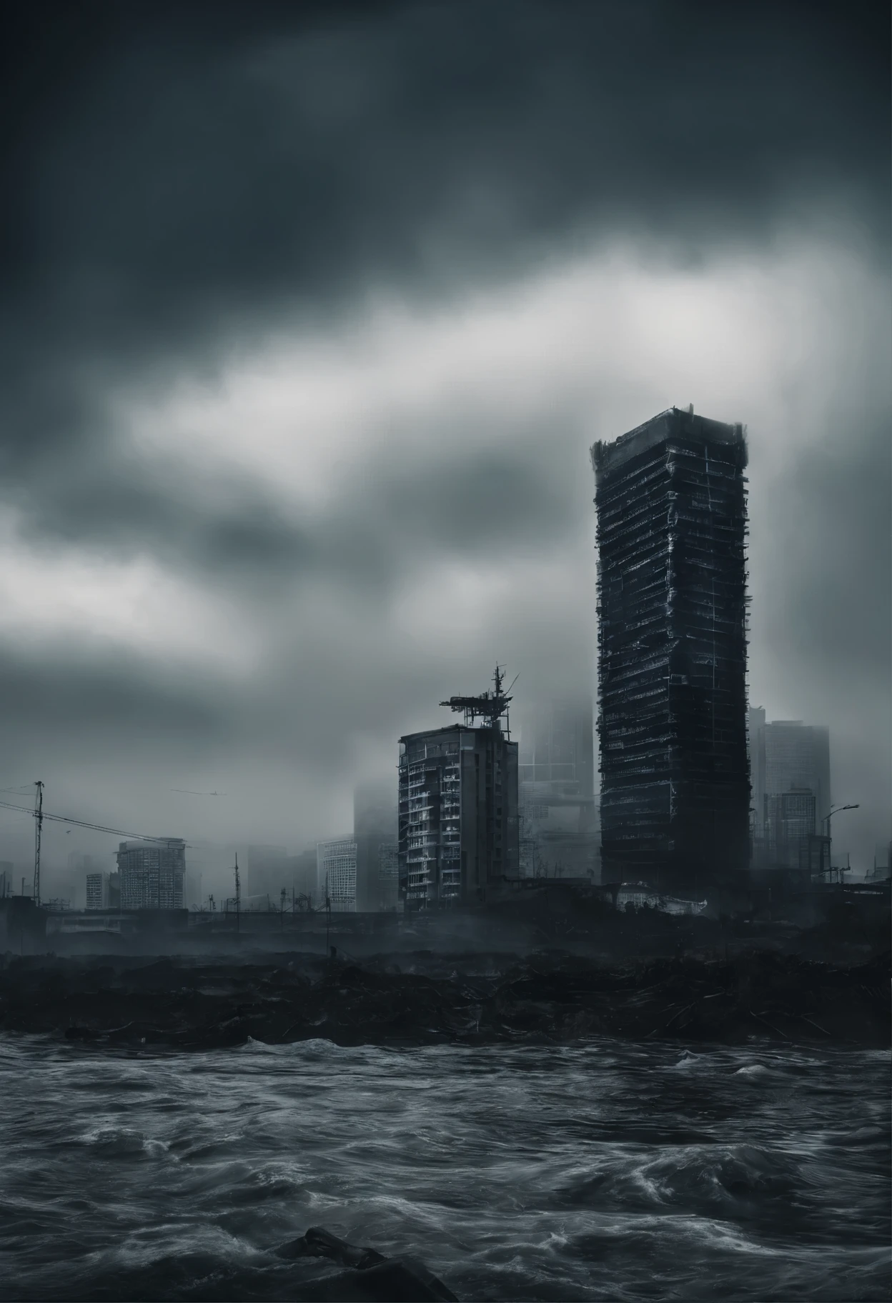 Create a cinematic cityscape,The sea floods the building,Dilapidated buildings,,Faint lights and towering tsunami waves pound the city skyline. The lens should capture the absolute power and destructive power of the wave, The building in the foreground is partially submerged, debris flying, and the feeling that disaster is imminent. Long lens camera angle with EE 70mm lens on the Nikon D850, Aim for high resolution, Photorealistic rendering. Ensure that the scene is highly detailed, With HDR lighting, And convey a sense of urgency and confusion.