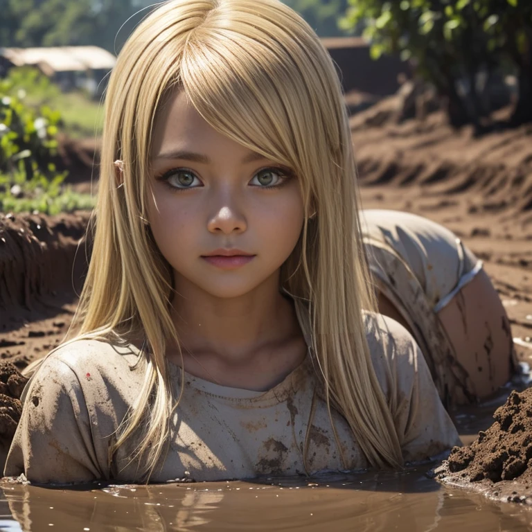 Tinyki are not afraid of dirt,beautiful girl,blonde,Dirty,Face in the mud ,realistically,professional photo 📷,detailing,cinematic, lies in the mud, micro bikini, denude