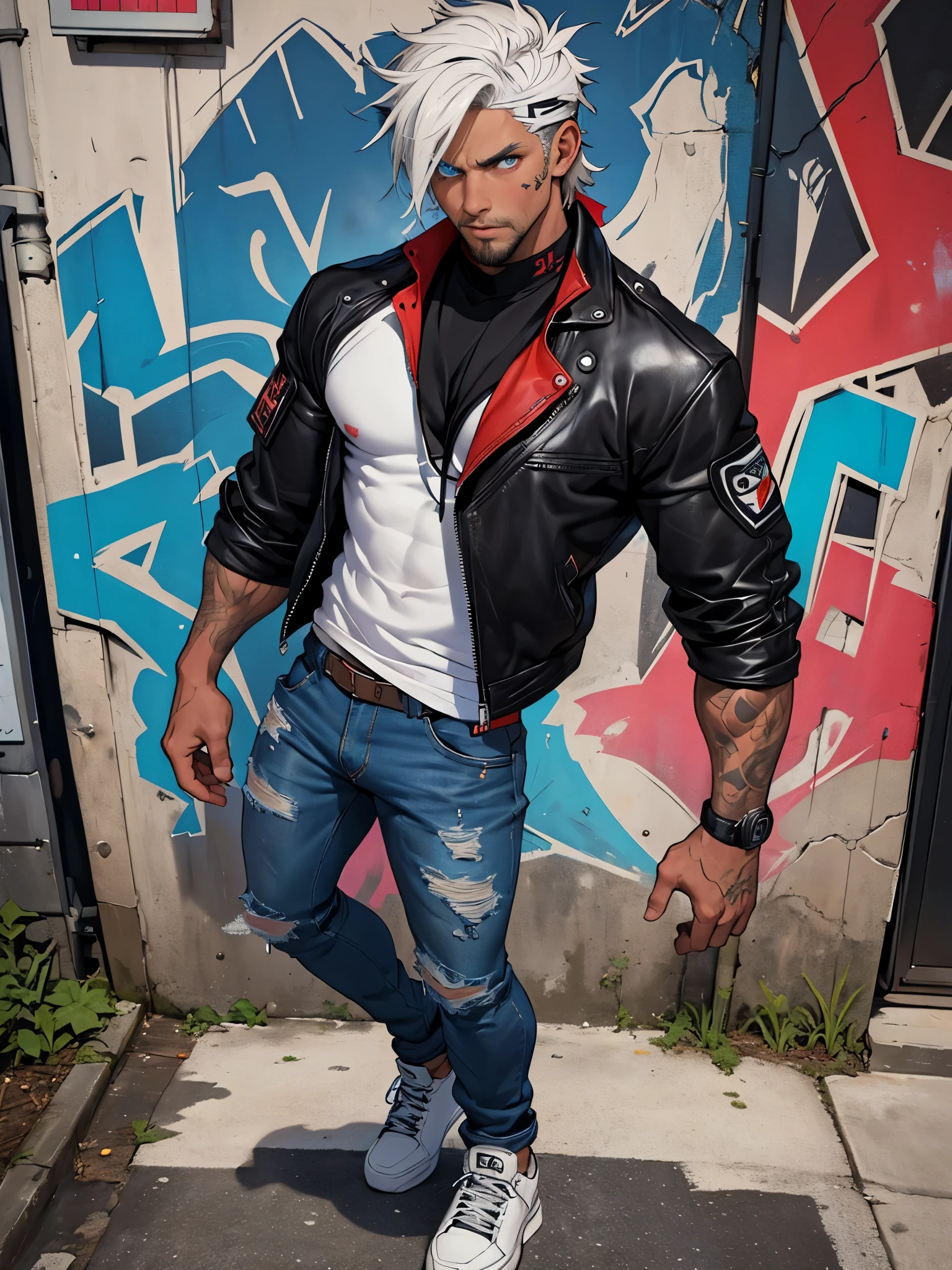 skateboarder punk man, full body shot, annoyed badass, highly detailed face, leaning back, sweating, masculine with short beard, body hair, ((dark tanned skin)), bulge, short white hair, smoky grunge punk graffiti, wearing ((skintight black denim)) pants, cum gutters, v-line:1.5, ((he is solo)), ((he is alone)), heterochromia eyes: one eye light blue and one eye light brown, wearing bandana, shirtless, open front white leather jacket