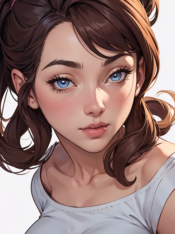 (Cinematic Photo: 1.3) off (Real: 1.3), (comfortable: 1.3) beautiful young girl, (difficult messy bun of light brown hair, sslim shoulders, realisti texture, looks directly into the camera, (looks at the viewer), dramatic, dreamy,, thin, sslim, soft, difficult, digital drawing,,sslim , beautiful teenage girl, perfect body, highly detailed full-length shot, dreamy,1girl, Simple background, Large breasts, Shy, innocent