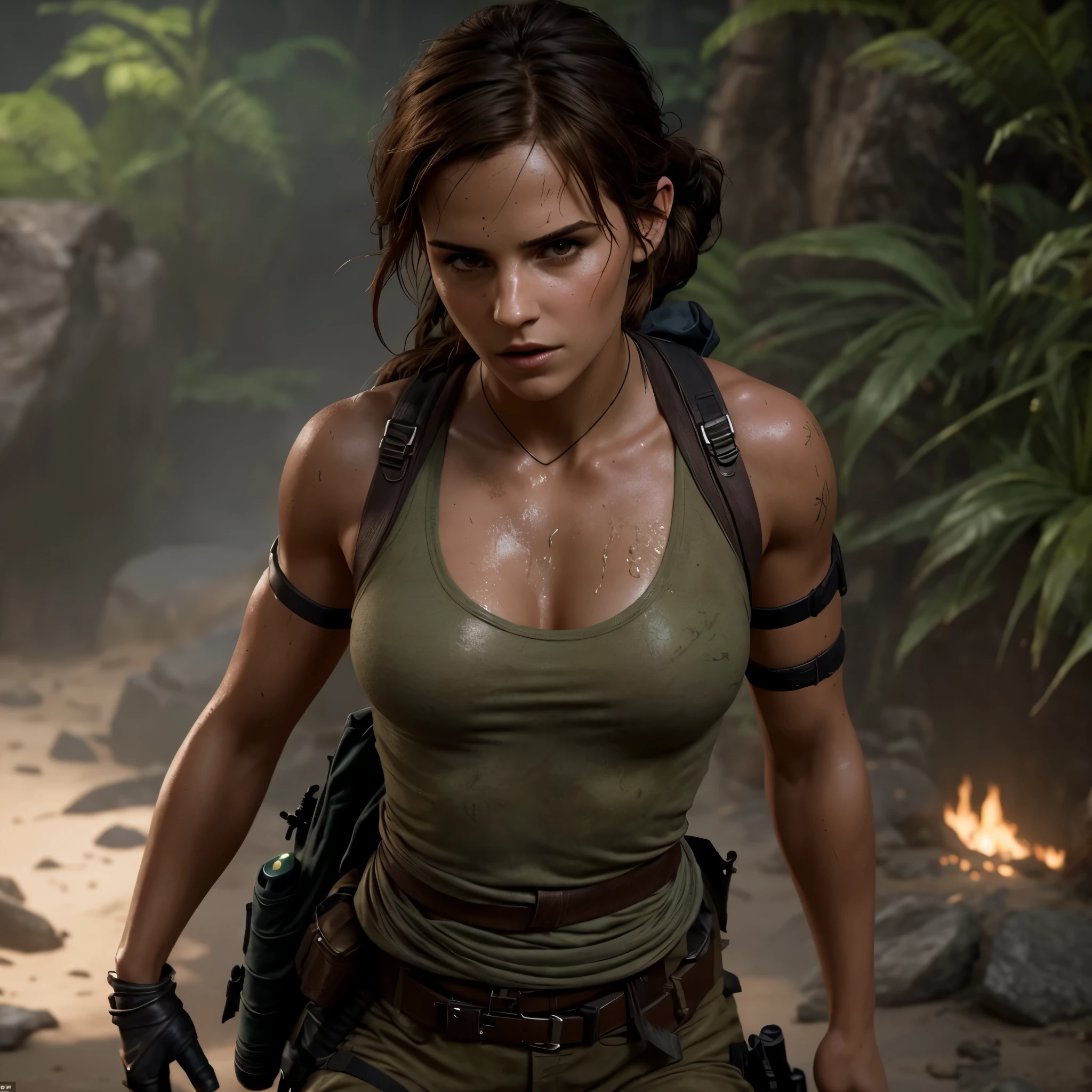 ((NSFW)) A close-up portrait of a woman, reminiscent of Lara Croft from Shadow of the Tomb Raider, reveals her sexy body concealed in wet clothes, with ((subtly visible, bulging breasts)). A backpack lies at her side, blending seamlessly with the environment.
Lara Croft's portrait, meticulously crafted in Unreal Engine 5, showcases her beautiful character design with a small yet powerful figure. The tomb raider setting comes alive with cinematic visuals that accentuate her strength and allure.
This tech demo highlights the hyper-realistic graphics of the female lead character, with Emma Watson's likeness perfectly