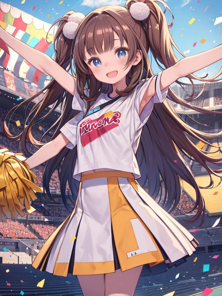 Long Hairと青い制服を着てPom-pomを持っているアニメの女の子、(masterpiece:1.5), figure, 4K, 8k, (high quality:1.1), Very detailed, Detailed face, High resolution, Vibrant colors, Natural light, Cute eyes, Fine grain, Colorful eyes, Beautiful Face, One girl, Long Hair, Messy Hair, Brown Hair, Twin Blade, Scrunchie, hair ornaments, Cheerleader, No sleeve, T-Shirts, Pom-pom, support, Jumping in the stadium stands、, Spread your arms, ((Confetti)), smile, Open your mouth, Establishing Shot