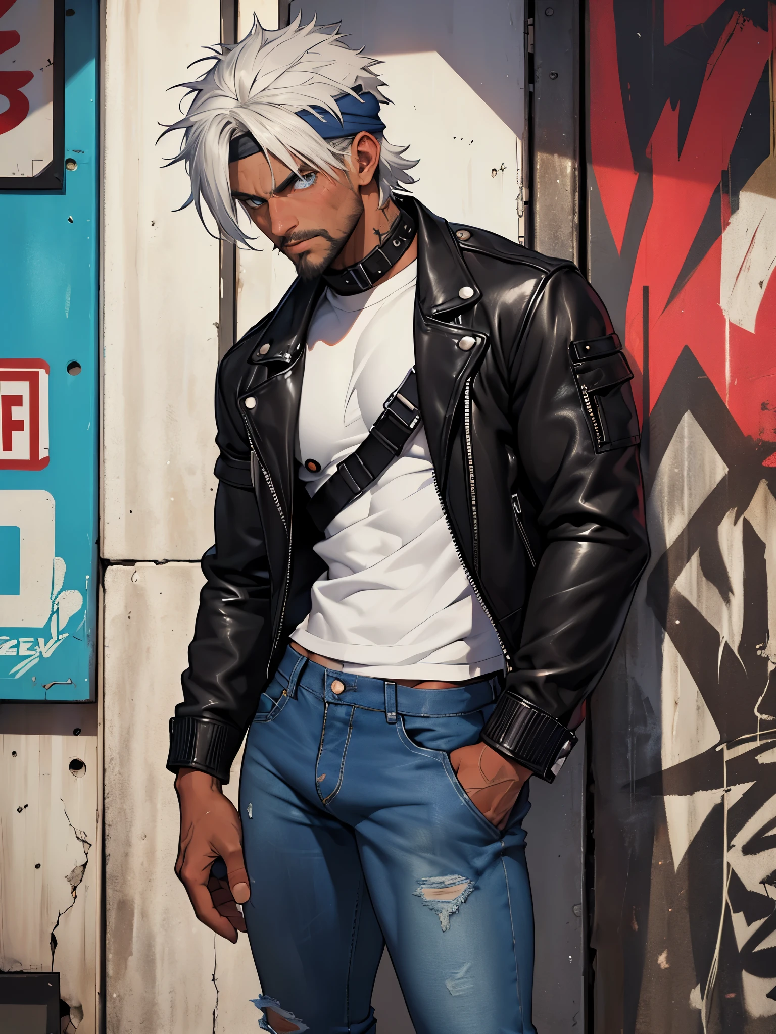 skateboarder punk man, annoyed badass, highly detailed face, leaning back, sweating, masculine with short beard, body hair, ((dark tanned skin)), bulge, short white hair, smoky grunge punk graffiti, wearing ((skintight black denim)) pants, cum gutters, v-line:1.5, ((he is solo)), ((he is alone)), heterochromia eyes: one eye light blue and one eye light brown, wearing bandana, shirtless, open front white leather jacket