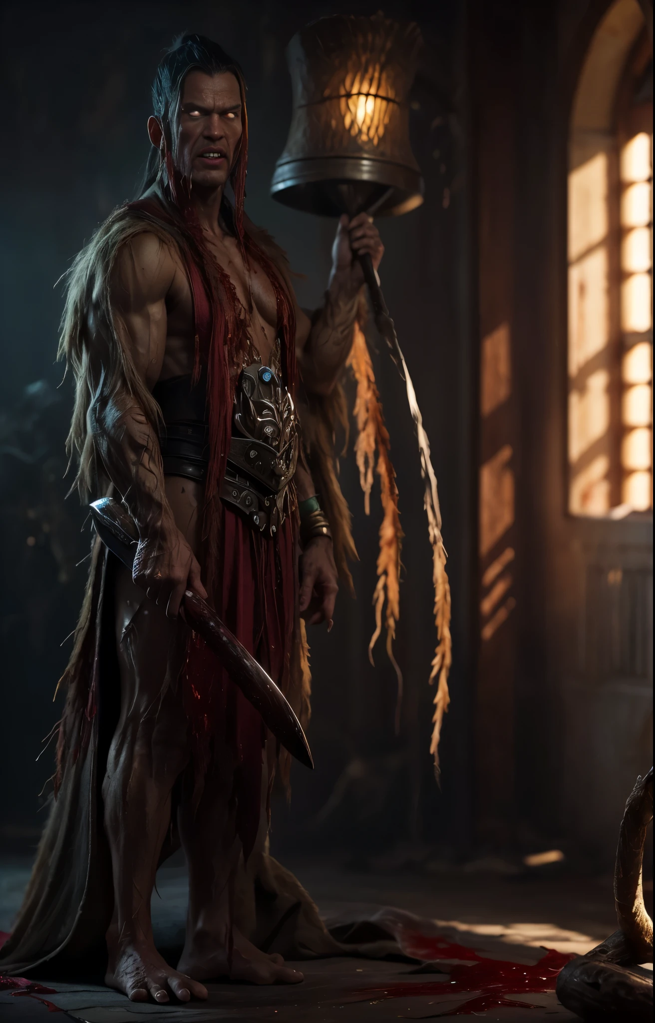 whole body、Monk、Thick legs、Raise your arms、always Bloodstained、Bloodstained、Bloodstained、Best image quality、masterpiece、8k、odd number、strongest、Brutal、monster、killer ghost、Wrestler、logic骨 格 系々、logic、Face of Fear、8k,1 red skinned goblin,Highly detailed fantasy characters、Humanoid organisms、creature concept art、concept creature character art、超リアルなファンタジーmonster,Surreal,Real Skin,Realistic texture,