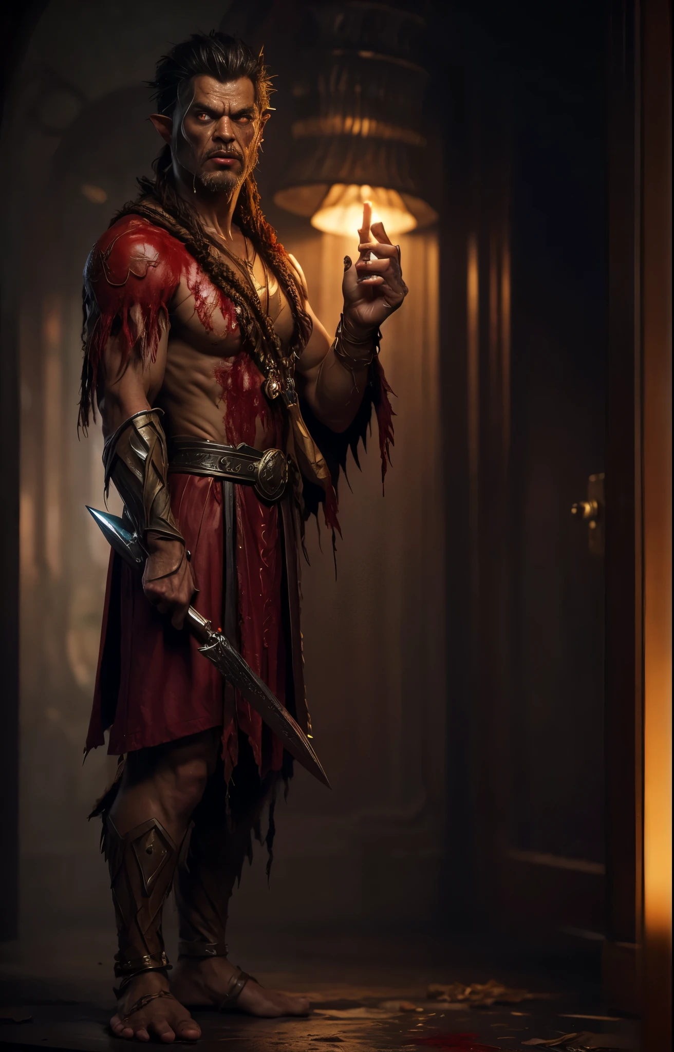 whole body、Monk、Thick legs、Raise your arms、always Bloodstained、Bloodstained、Bloodstained、Best image quality、masterpiece、8k、odd number、strongest、Brutal、monster、killer ghost、Wrestler、logic骨 格 系々、logic、Face of Fear、8k,1 red skinned goblin,Highly detailed fantasy characters、Humanoid organisms、creature concept art、concept creature character art、超リアルなファンタジーmonster,Surreal,Real Skin,Realistic texture,
