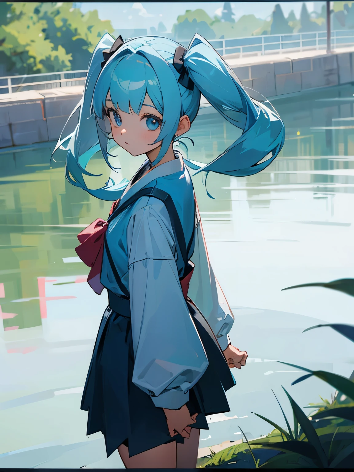 Girl looking at a dam storing water, twin tails, light blue hair