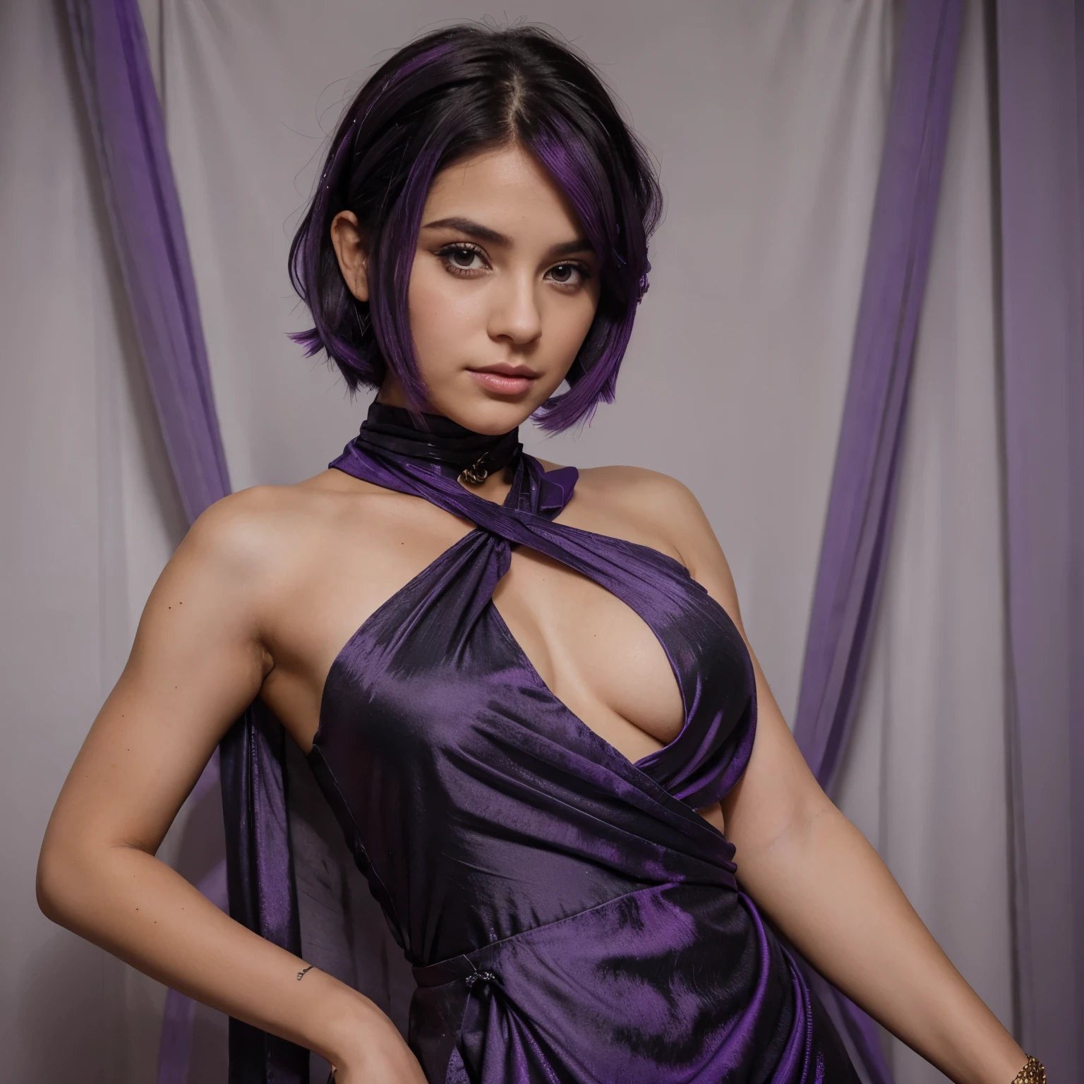 Uma princesa com um vestido discreto, short black hair with a purple streak and a snake wrapped around the neck