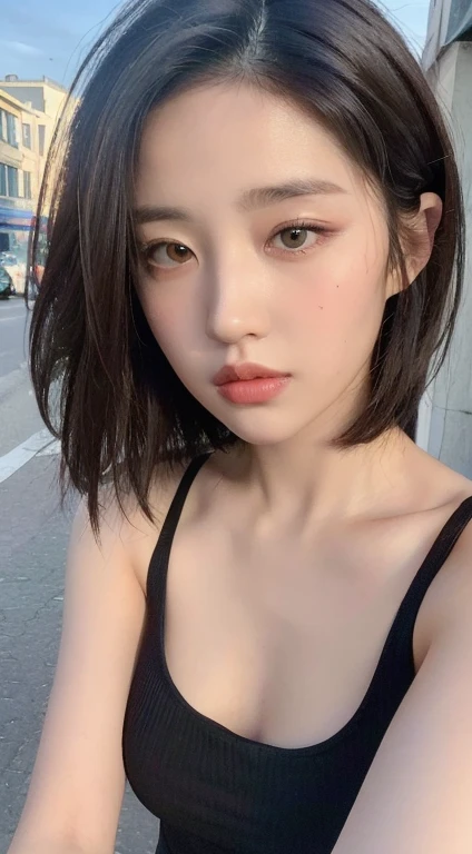 ((Best quality, 8k, Masterpiece :1.3)), Sharp focus :1.2, Perfect Body Beauty:1.4, Slim Abs:1.2, ((Layered hairstyle:1.2)), (Tank top shirt:1.1 ), (Street:1.2), Highly detailed face and skin texture, Detailed eyes, Double eyelids, off-the-shoulder top,