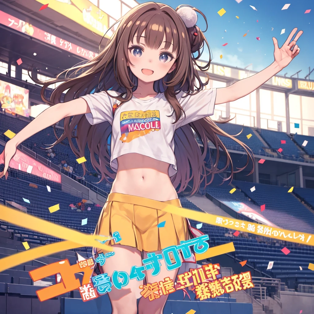 Long Hairと青い制服を着てPom-pomを持っているアニメの女の子、(masterpiece:1.5), figure, 4K, 8k, (high quality:1.1), Very detailed, Detailed face, High resolution, Vibrant colors, Natural light, Cute eyes, Fine grain, Colorful eyes, Beautiful Face, One girl, Long Hair, Messy Hair, Brown Hair, Twin Blade, Scrunchie, hair ornaments, Cheerleader, No sleeve, T-Shirts, Pom-pom, support, Stadium seating、Dancing、Jumping、 Spread your arms, ((Confetti)), smile, Open your mouth, Establishing Shot