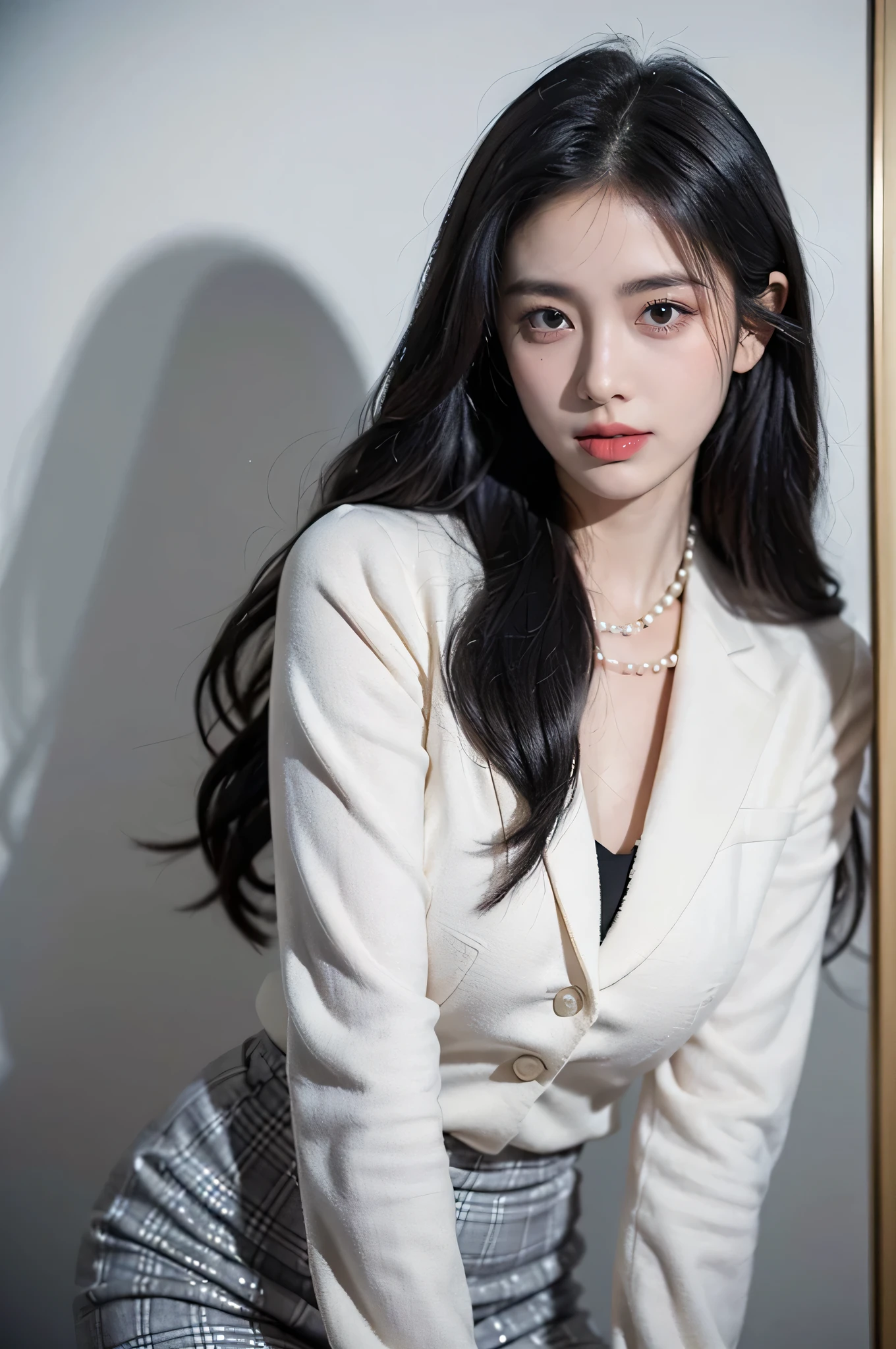 Masterpiece, best picture quality, high resolution, 8K, ((portrait)), (head highlights), original picture, real shot, digital photography, (modern working woman), (female CEO), 25-year-old female, , black eyes, (long black and blue hair), luxurious decoration, sparse eyes, make your pearls beautiful and charming, provocative eyes, (business attire, skirt), modern style, white coat, solid color background, oc rendering reflection texture