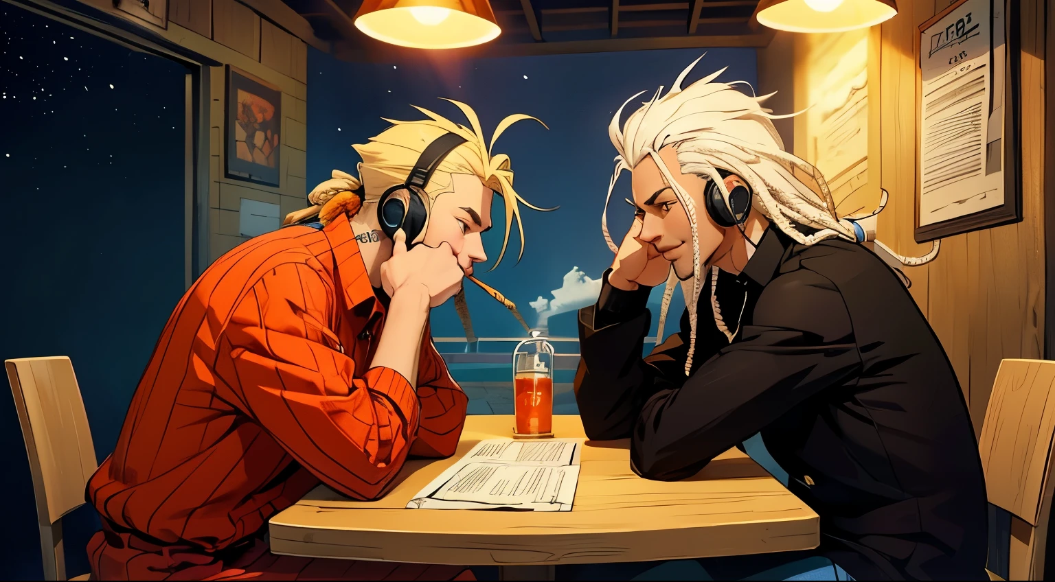 personagem masculino, Cavanhaque, Dreadlock loiro, de camisa verde, Supporting a soccer ball on the head on a soccer field , com o gol de fundo , vista lateral, Luz quente iluminando o rosto, Ambiente escuro, noite, estilo anime , e de frente com ele, um garoto da mesma idade da pele prete cabelo liso e curto,smiling, resting his foot on a soccer ball, sem camisa e com uma camisa preta no ombro num clima alegre