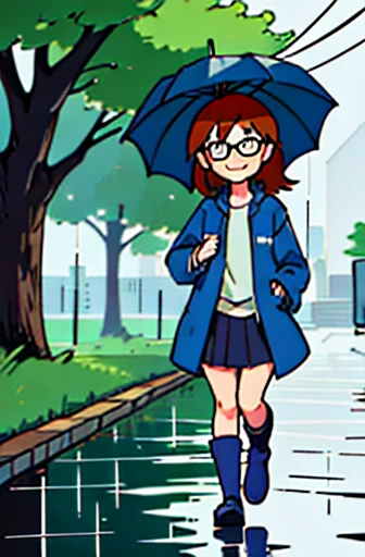 Anime girl standing in rain in raincoat, 1girl, auburn hair, round glasses, rainboots, smiling, short skirt, fishnet stockings, walking