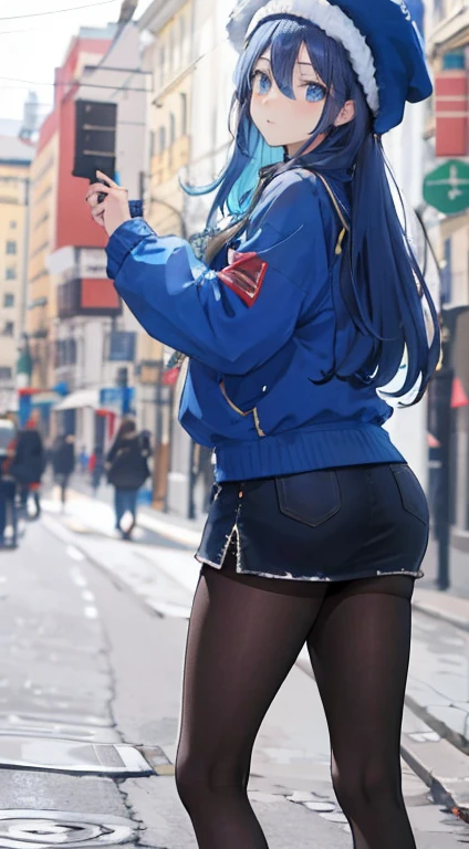 (melhor qualidade, obra de arte), 1 garota, capuz, Cabelo comprido azul claro, Rua, agachado, olhando para o espectador, gorro, saia, inventar, piercing, pantyhose,