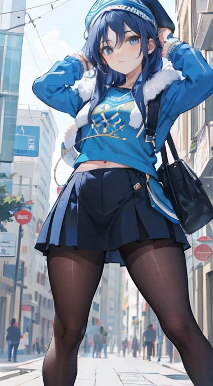 (melhor qualidade, obra de arte), 1 garota, capuz, Cabelo comprido azul claro, Rua, agachado, olhando para o espectador, gorro, saia, inventar, piercing, pantyhose,