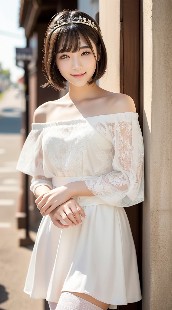 (highest quality:1.5)、(Realistic:1.5)、(1 person:1.5)、(Medium Shot:1.5)、Very detailed、High resolution、8k wallpaper、、Normal milk、Natural color lips、Cute Smile、Japanese women、20-year-old girl、Beautiful and elegant face、Perfect and beautiful face、Large, balanced eyes、Brunette's eyes、Beautiful and elegant face、Beautiful double eyelids、Natural Bangs、Beautiful thin nose、Beautiful Skin、Fair skin、(Medium Bob Hair)、Natural Bangs、Perfect and beautiful face、Slim face and figure、(Looking at the camera with a sweet smile)、Bright lighting、Professional Lighting、Forward lighting、Mini skirt dress、tiara、(wearing a white off-shoulder dress)、pose for a photo、Micro Mini Skirt、garter belt、Knee-high stockings、