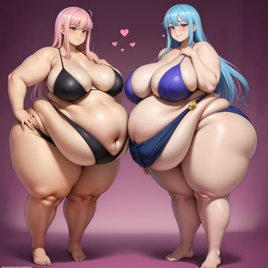 Your harem of young women in bikinis, your harem of wives found out you like bigger women and are competing to be the fattest, massive bloated overstuffed very heavy belly, hyper massive fat tall wide round heavy heart shaped bubble butt, very wide fat hips, massive fat round long very heavy breasts, deep long cleavage, weight gain, deep navel, from slightly behind, looking back, smiling, blushing, sexy pose, showing off her massive heavy fat round ass, she wants to be fatter, shes madly in love with you,