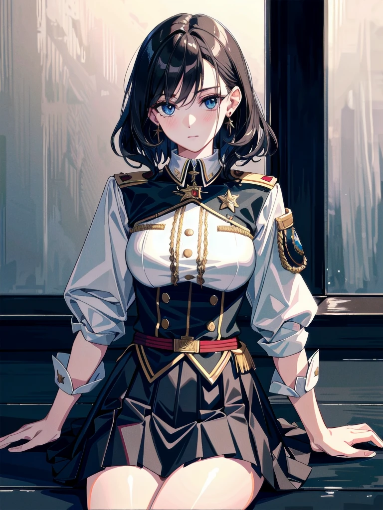 military uniform, absurdres, RAW photo, extremely delicate and beautiful, masterpiece, Best Quality, ultra high resolution, 32k, hyperrealistic, ultra-detailed, detailed description, pale skin, 20 years old, tearful mole, earring, Colossal tits, short medium hair, wavy hair, pleated skirt,